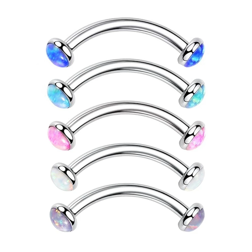 Metal color: Imitation Rhodium Plated, Main Stone Color: black - 3/4/5mm Opal Steel Eyebrow Ring Internally Threaded 6mm -14mm Bar Curved Barbell Monroe Lip Stud Ear Tragus Piercing