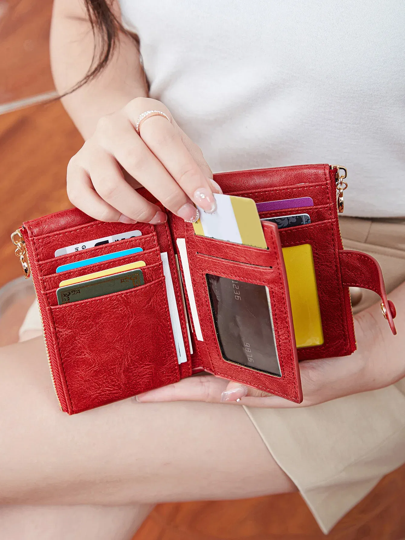 Color: Red - Minimalist Women's Wallet Short Three Layer Large Capacity Double Zipper Card Holder ID Card Credit Bank Card Holder Money Bag