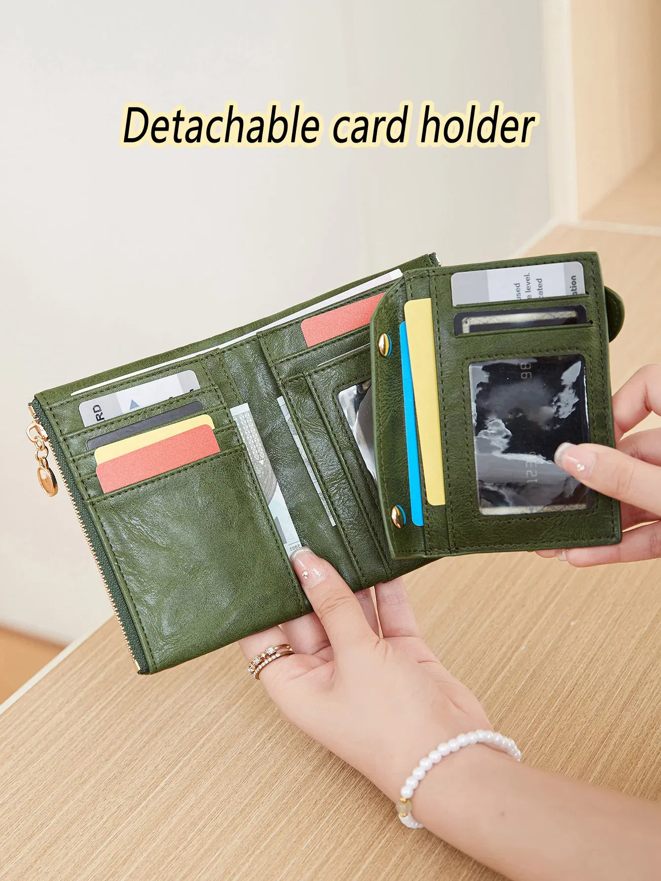 Color: Red - Minimalist Women's Wallet Short Three Layer Large Capacity Double Zipper Card Holder ID Card Credit Bank Card Holder Money Bag