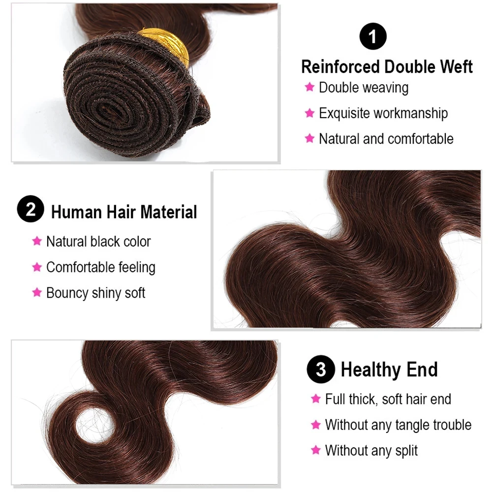 Bulk Buy: 3Pcs/Lot, Material Grade: Remy Hair, Length: 10 12 14 - Brown Body Wave Bundles 100% Human Hair #4 Colored Brazilian Remy Hair Extensions Weave 3 PCS/Lot 30 Inch Raw Human Hair Bundles