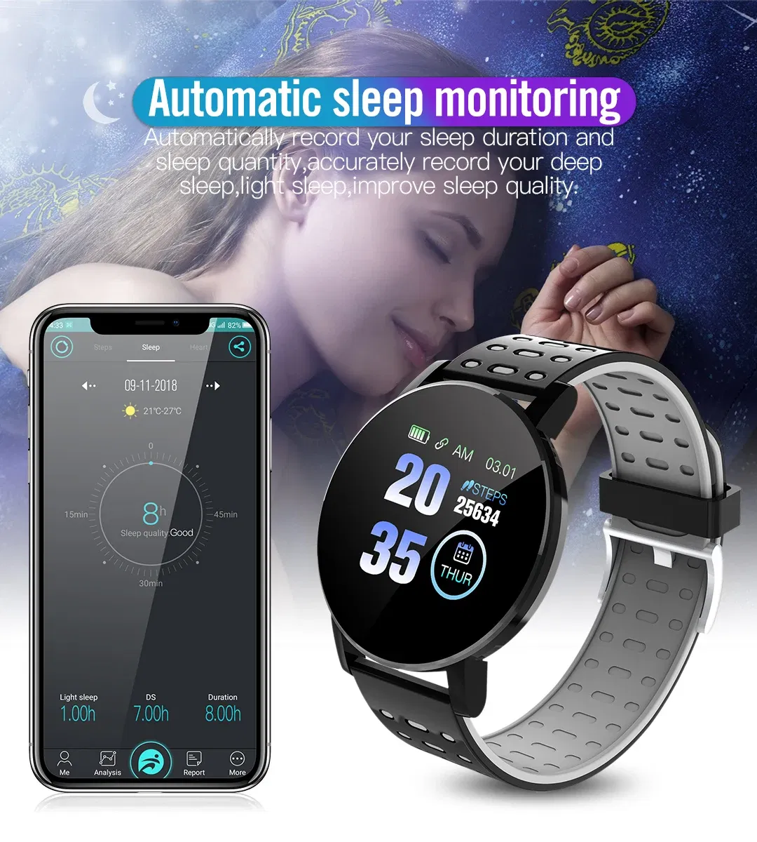 Color: black - 119S Smartwatch Bluetooth Smart Watch Men Blood Pressure Women Smart Band Clock Sports Fitness Tracker Watch For Android IOS