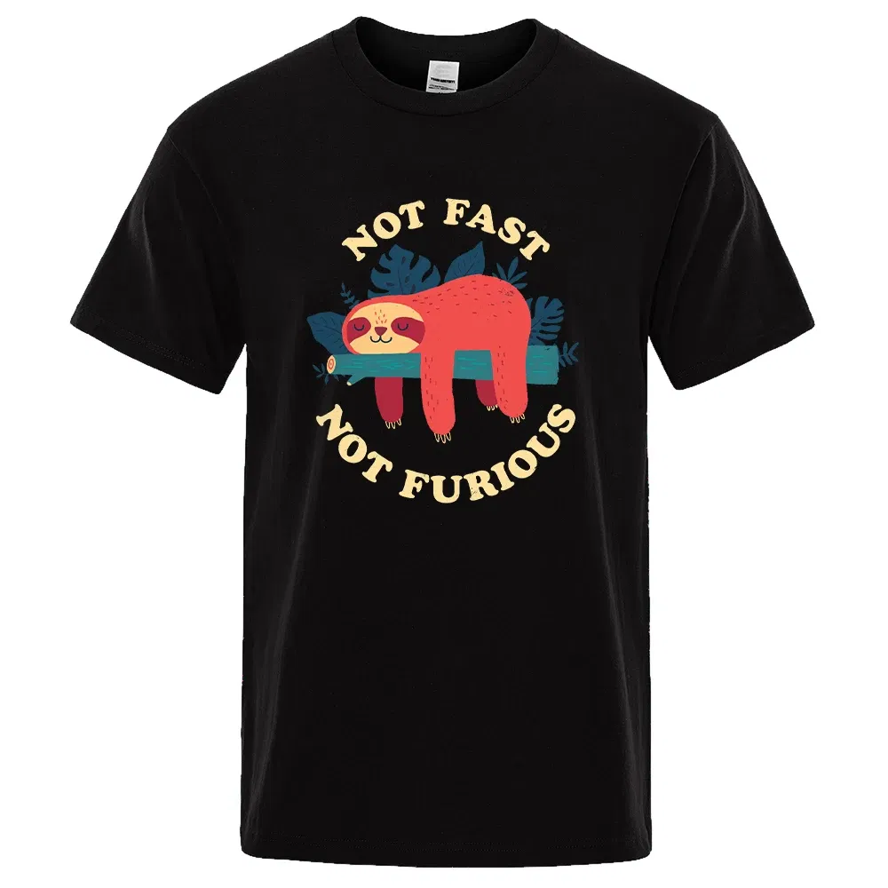 Color: black, Size: XL - Not Fast Not Furious Sloth Cute Print Men Tee Shirts Breathable Cotton Tops Street Fashion T-shirt Women Casual Summer T Shirts