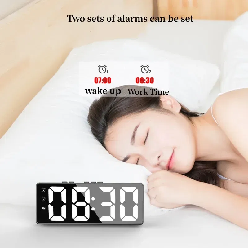 Color: black - LED Alarm Clock Electronic Student Digital Clock Voice Control Dual Snooze 12/24H Dual Alarms Temperature Mute Table Clock
