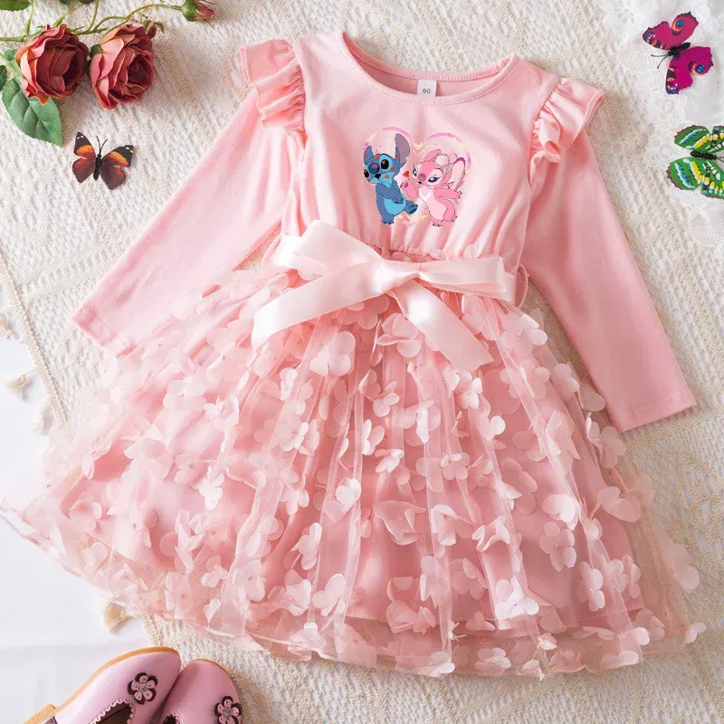 Color: Brown, Size: One Size, Height: 164 - Lilo Stitch Girl Baby Dresses Spring Autumn Child Long Sleeve Sweet Princess Dress Mesh Newborn Casual Dress Birthday Party 2-6Y