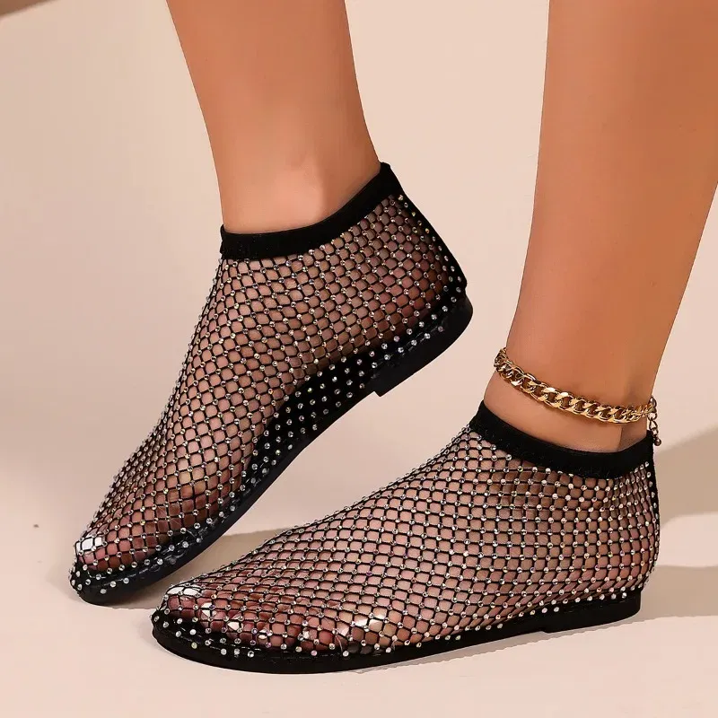 Color: Gold, Shoe Size: 41 - Women Summer New Fashion Mesh Luxurious Rhinestone Designer Simple Solid Color Sandals Daily Versatile Round Toe Womens Sandal