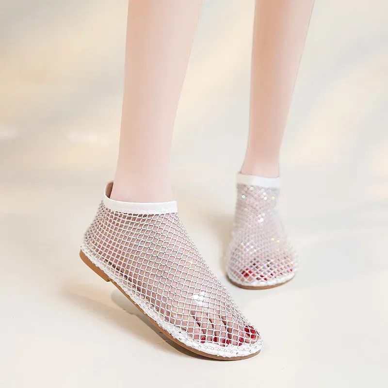 Color: Gold, Shoe Size: 41 - Women Summer New Fashion Mesh Luxurious Rhinestone Designer Simple Solid Color Sandals Daily Versatile Round Toe Womens Sandal