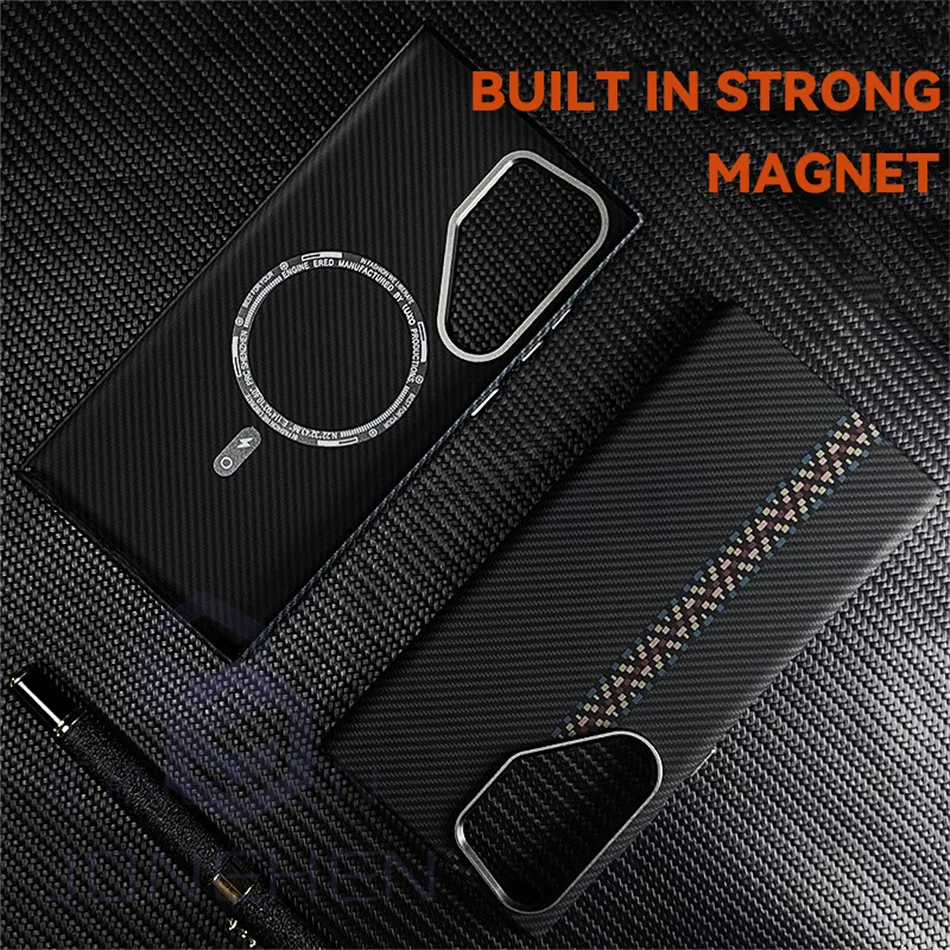 Color: SKY BLUE, Material: PC - Carbon Fibre 3D Relief For MagSafe Case For Samsung Galaxy S24 Ultra S23 Plus Wireless Charge Hard PC Shockproof Magnetic Cover