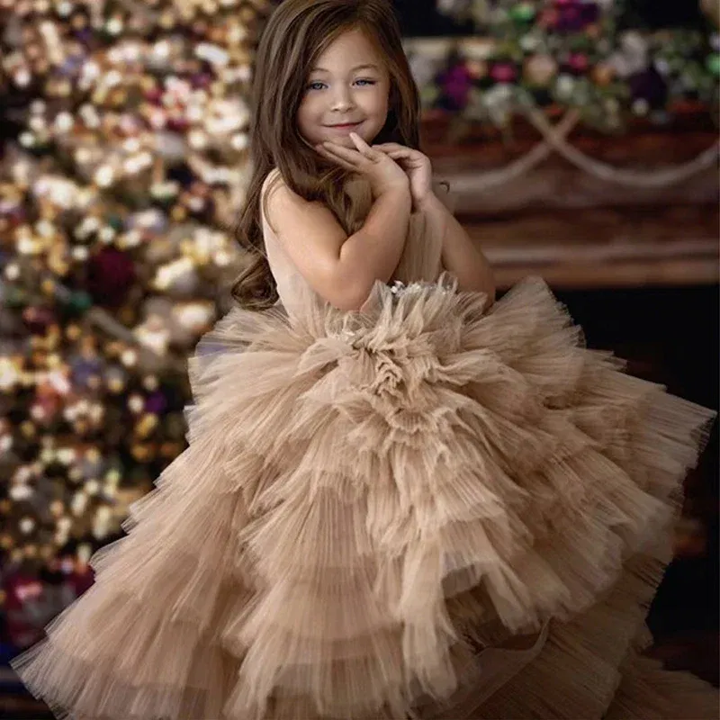 Kid Size: 13, Color: Coffee - Baby Girls Princess Dress Sleeveless High Waist Children Mesh Tutu Dresses Girls Birthday Party Clothing Kids Wedding Dress New