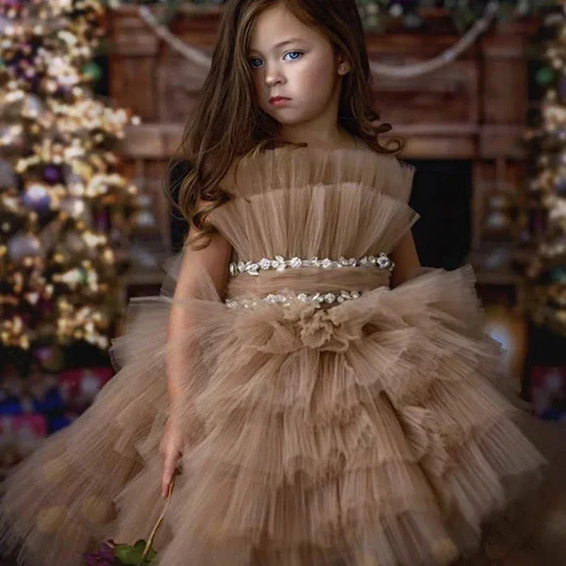 Kid Size: 13, Color: Coffee - Baby Girls Princess Dress Sleeveless High Waist Children Mesh Tutu Dresses Girls Birthday Party Clothing Kids Wedding Dress New