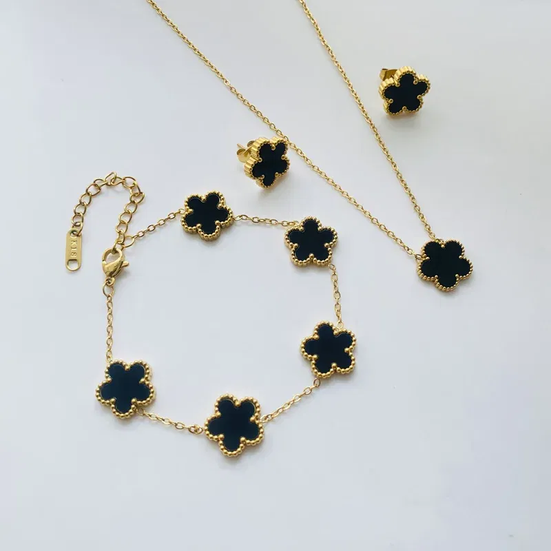 Metal color: Light Yellow Gold Color - 3pcs/set Stainless Steel Flower Jewelry Set Gifts Luxury Modern Fashion Charm Necklace Earrings Bracelet Set Jewelry for Women