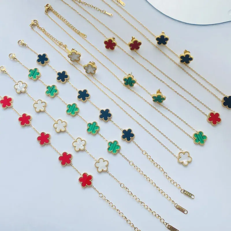 Metal color: Light Yellow Gold Color - 3pcs/set Stainless Steel Flower Jewelry Set Gifts Luxury Modern Fashion Charm Necklace Earrings Bracelet Set Jewelry for Women