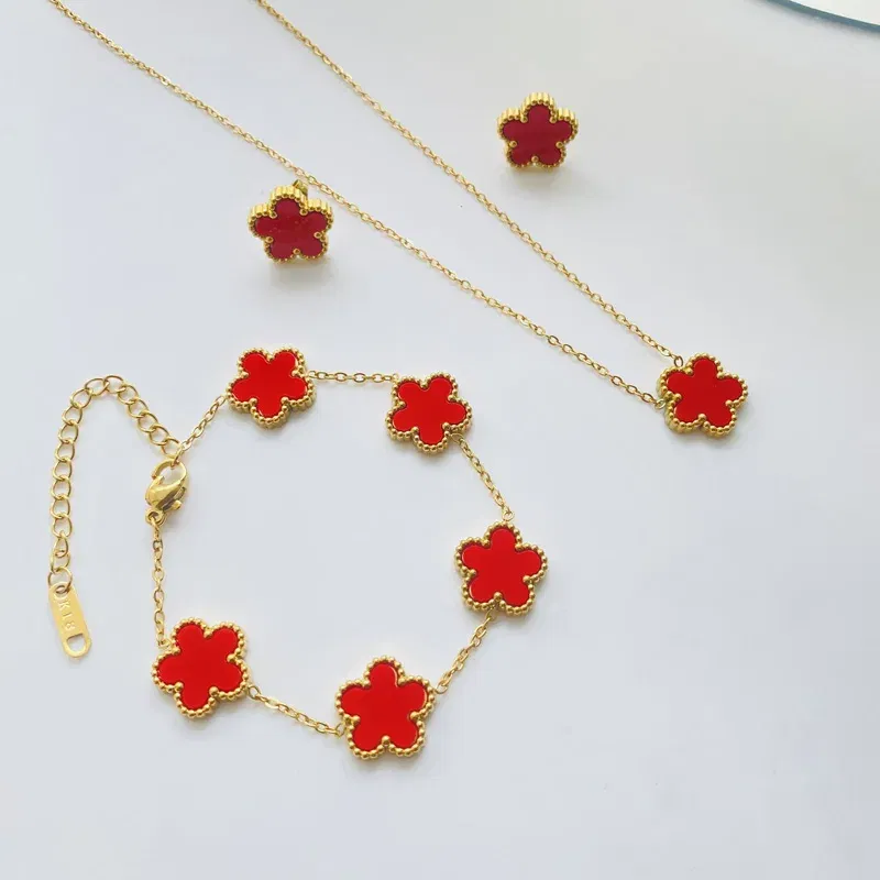 Metal color: Light Yellow Gold Color - 3pcs/set Stainless Steel Flower Jewelry Set Gifts Luxury Modern Fashion Charm Necklace Earrings Bracelet Set Jewelry for Women