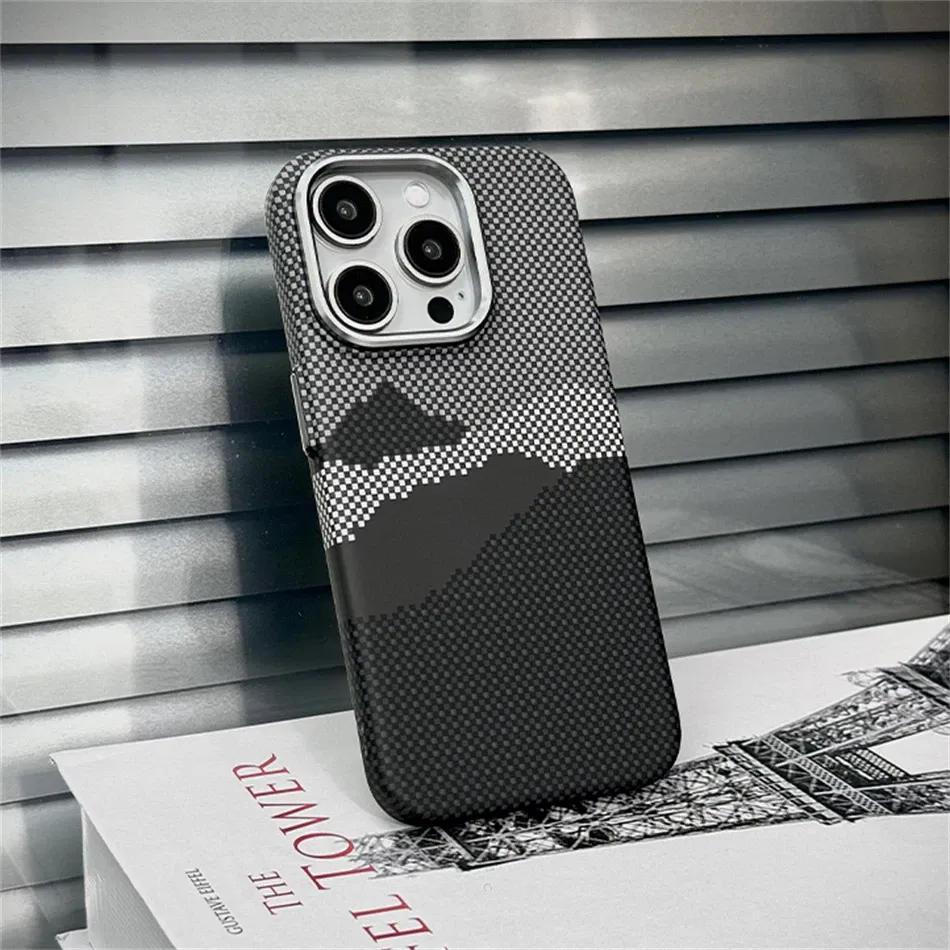Color: Beige, Material: PVC - Luxury Alloy Lens 3D Relief Peak Carbon Fibre Pattern Case For iPhone 13 14 15 16 Pro Max Slim Shockproof PC Cover For Magsafe