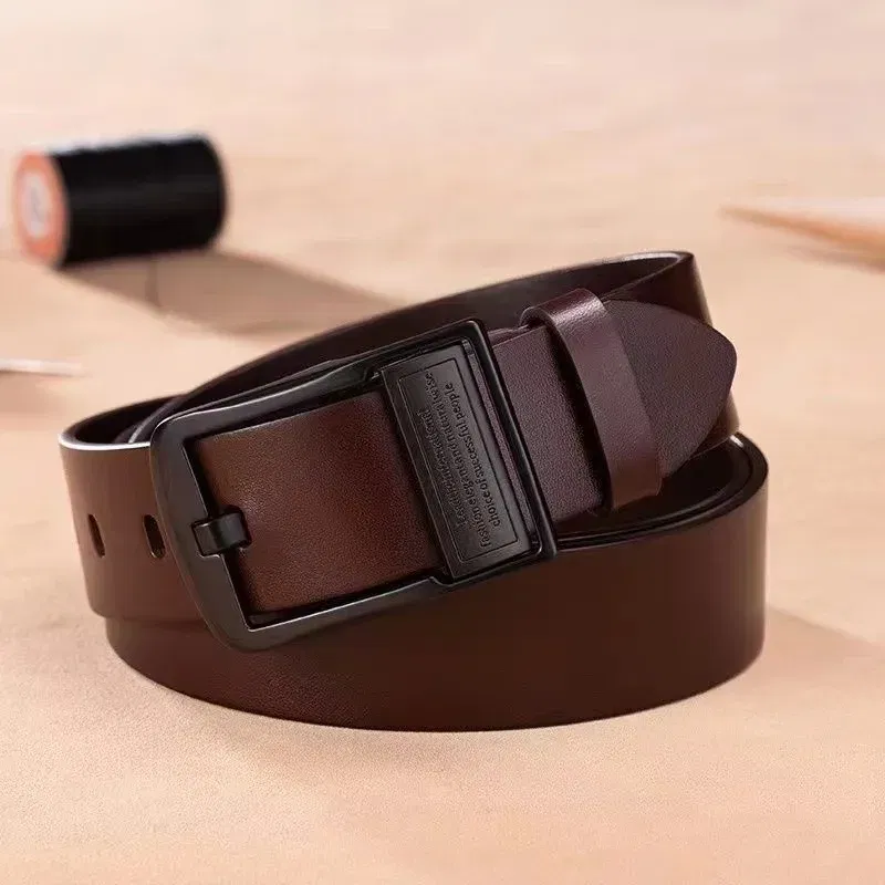 Color: WHITE, Belt Length: 110cm - New Leather Cowhide Men's Belt Fashion Metal Alloy Pin Buckle Adult Luxury Brand Jeans Business Casual Waist Male Strap Brand