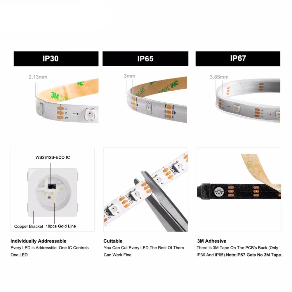 Emitting Color: Emitting Color3, Color: Light Grey - 1m/2m/5m WS2812B ECO 30/60/100/144 pixels/leds/m TV RGB Led Strip Light WS2812 IC Individually Addressable Black/White PCB DC5V