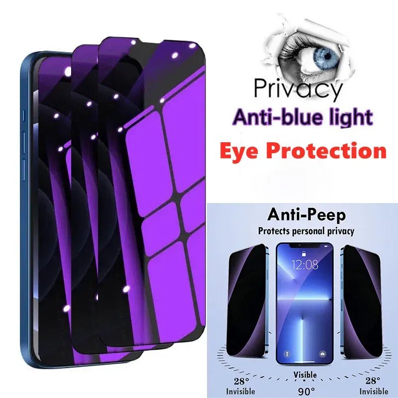 Color: Blue - Anti Blue Light Privacy Tempered Glass for iPhone 16 15 Pro Max 14 Plus 13 12 Mini 11 Eye Protection Clear Screen Protector Film