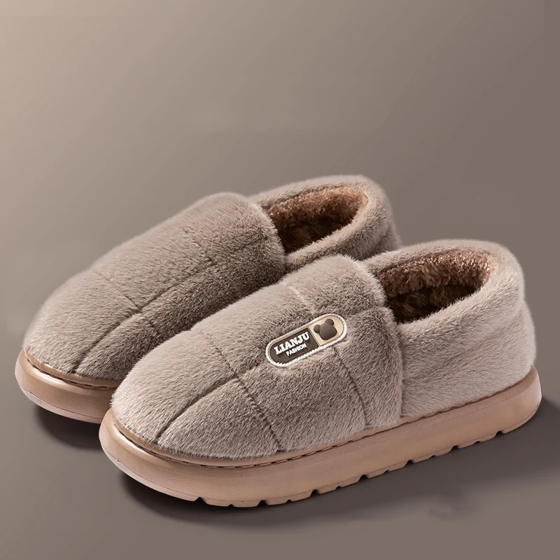 Color: Red, Shoe Size: 48-49 - Men's slippers Winter Solid Color Wrap Heels Plush Slippers Non-slip Warm Women Men Home Casual Cotton Shoes Big Size 50 51