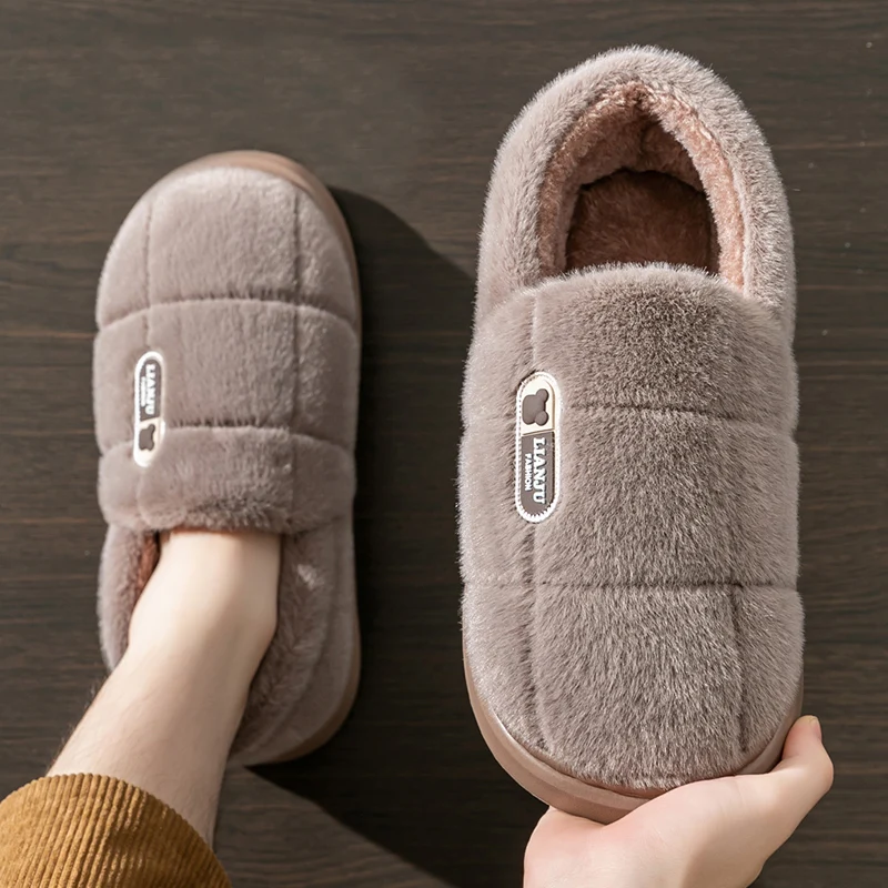 Color: Red, Shoe Size: 48-49 - Men's slippers Winter Solid Color Wrap Heels Plush Slippers Non-slip Warm Women Men Home Casual Cotton Shoes Big Size 50 51