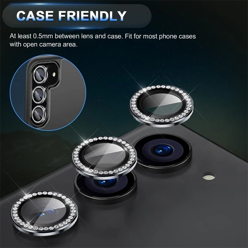 Material: CANVAS, Color: green - Bling 3D Diamond Metal Camera Ring Protector for Samsung Galaxy A55 A35 A25 A15 A05 5G Alloy Lens HD Tempered Glass Protect Cap
