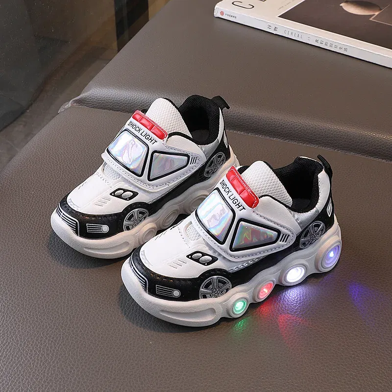 Color: Red, Shoe Size: 24 - Diseny Kids'Casual Shoes Led Light Car Club Cartoon PU Leather Spring Shoes For Children Anti-slip Red Blue Shoes Size 21-30