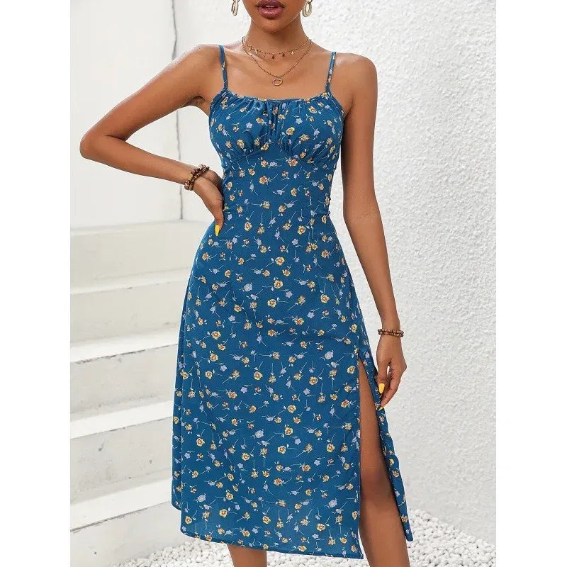 Color: black, Size: XL - 2025 Summer Sexy Spaghetti Straps Dress Women Fashion Polka Dot Print Sleeveless Slit Dress Boho Casual Beach Midi Dresses