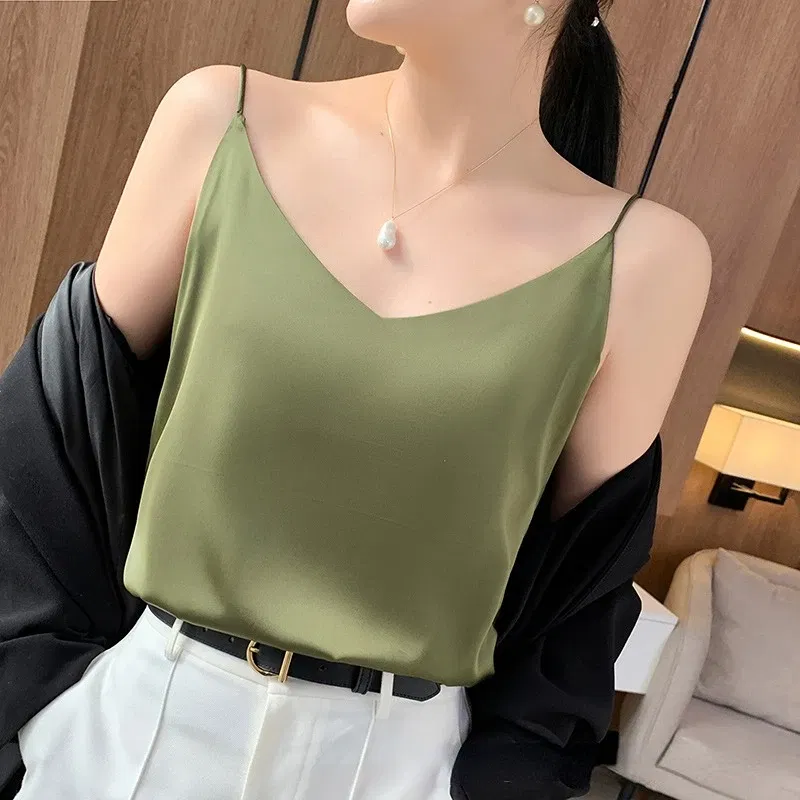 Color: WHITE, Size: L - Fashion Silky Camisole Women's Inner With White Bottoming Satin Top Summer V-neck Thin Section