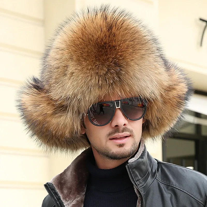 Color: Lavender, Hat Size: 57 - 2025 Winter 100% Real Silver Fox Fur Bomber Hat Raccoon Fur Ushanka Cap Trapper Russian Men's Ski Hats Caps