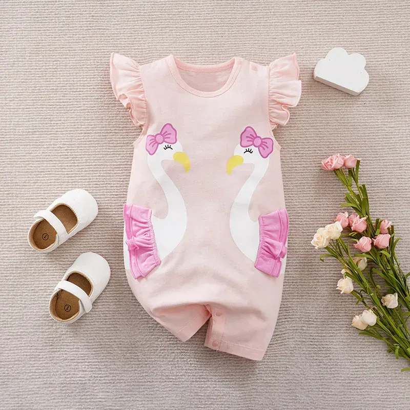 Color: Pink, Kid Size: 12M - Summer Fashion Girl Cute Cartoon Swan Cotton Comfortable Casual Sleeveless Round Neck Baby Bodysuit
