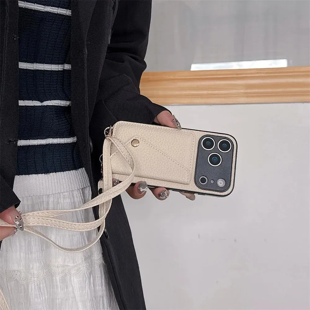 Material: Vinyl, Color: Brown - Crossbody wallet card holder phone case For iPhone 17Air 16, 15, 14, 13, 12, 11 Pro Max, XR with lanyard protective cover