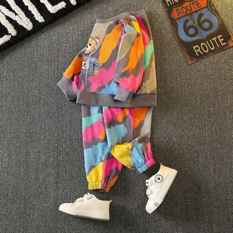 Color: Orange, Kid Size: 8, Ships From: CHINA - Spring Toddle Baby Clothes Set Fashion Graffiti Sweater and Pant Outfit Children Boy Girl Cartoon Bear Top and Bottom Tracksuit