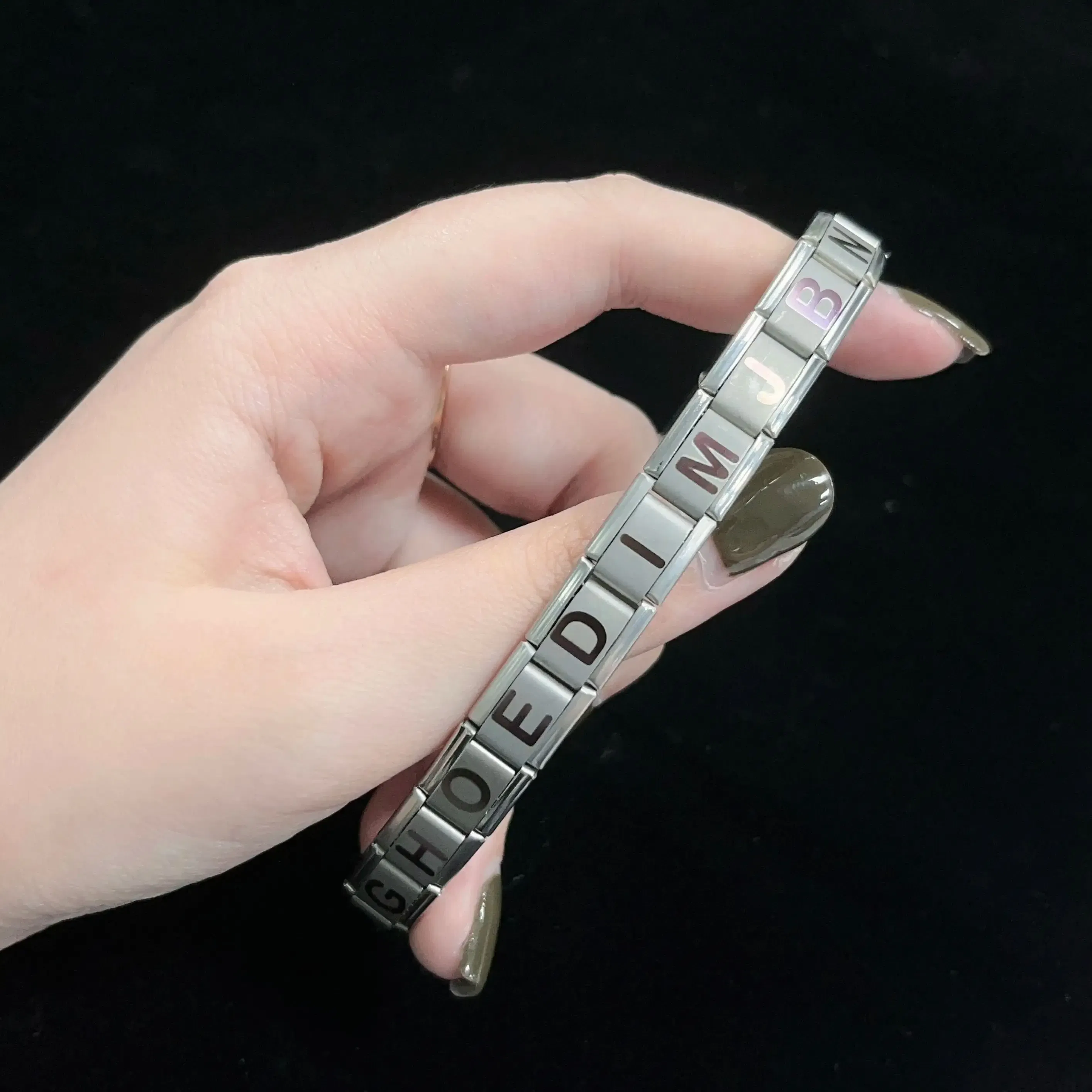 Metal Color: brownish yellow, Main Stone Color: WHITE - New DIY Italian Charm 9mm Module Bracelet 26 English letter Stainless Steel Elastic Bracelets for Men and Women Gift