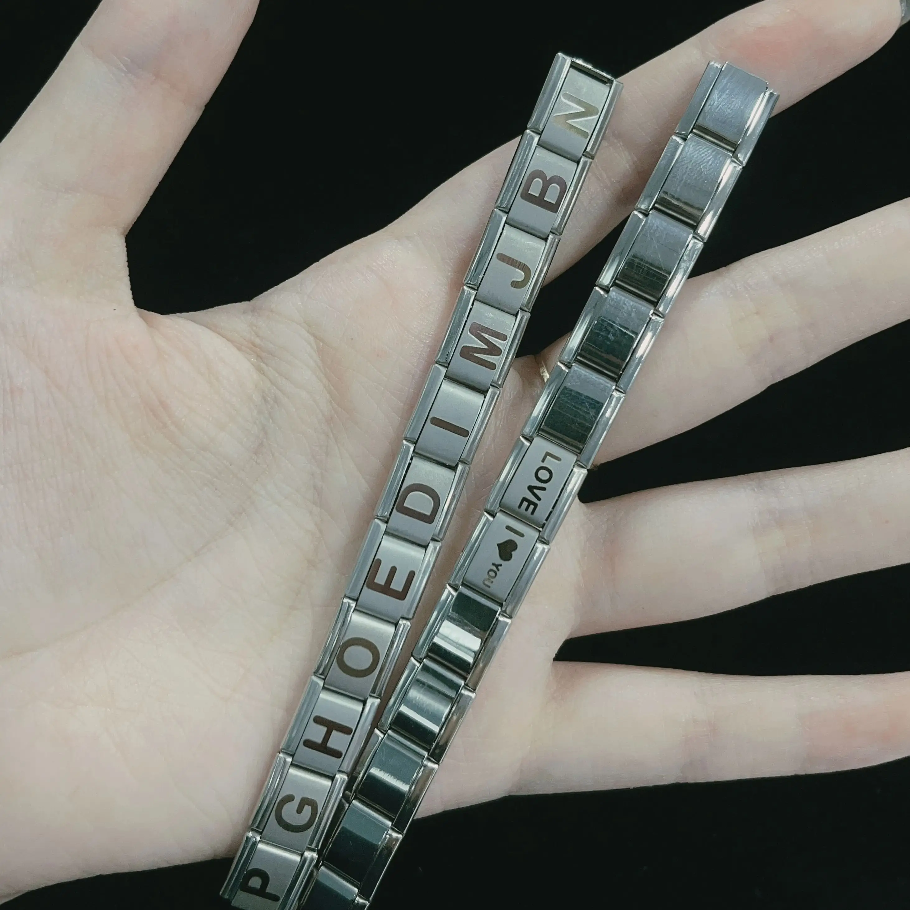 Metal Color: brownish yellow, Main Stone Color: WHITE - New DIY Italian Charm 9mm Module Bracelet 26 English letter Stainless Steel Elastic Bracelets for Men and Women Gift