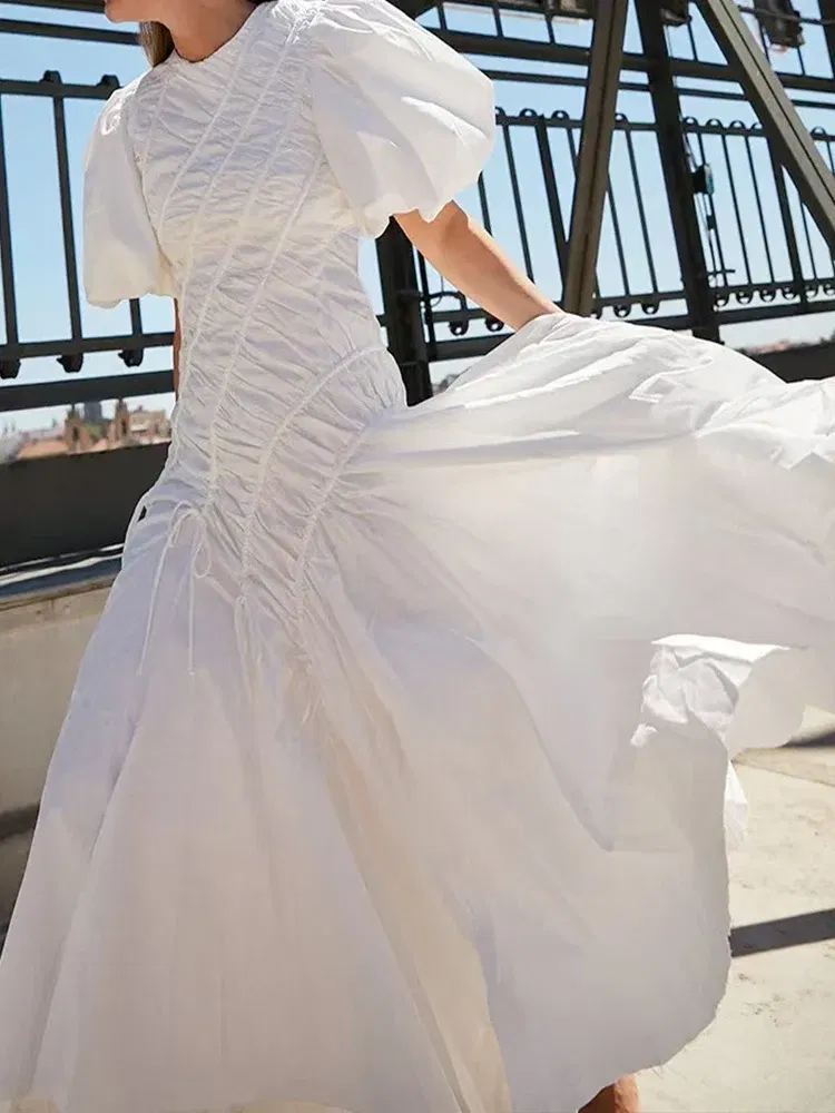Color: WHITE, Size: S - 2025 summer women's new round neck lantern short sleeve irregular stitching drawstring dress slim dinner temperament long dress