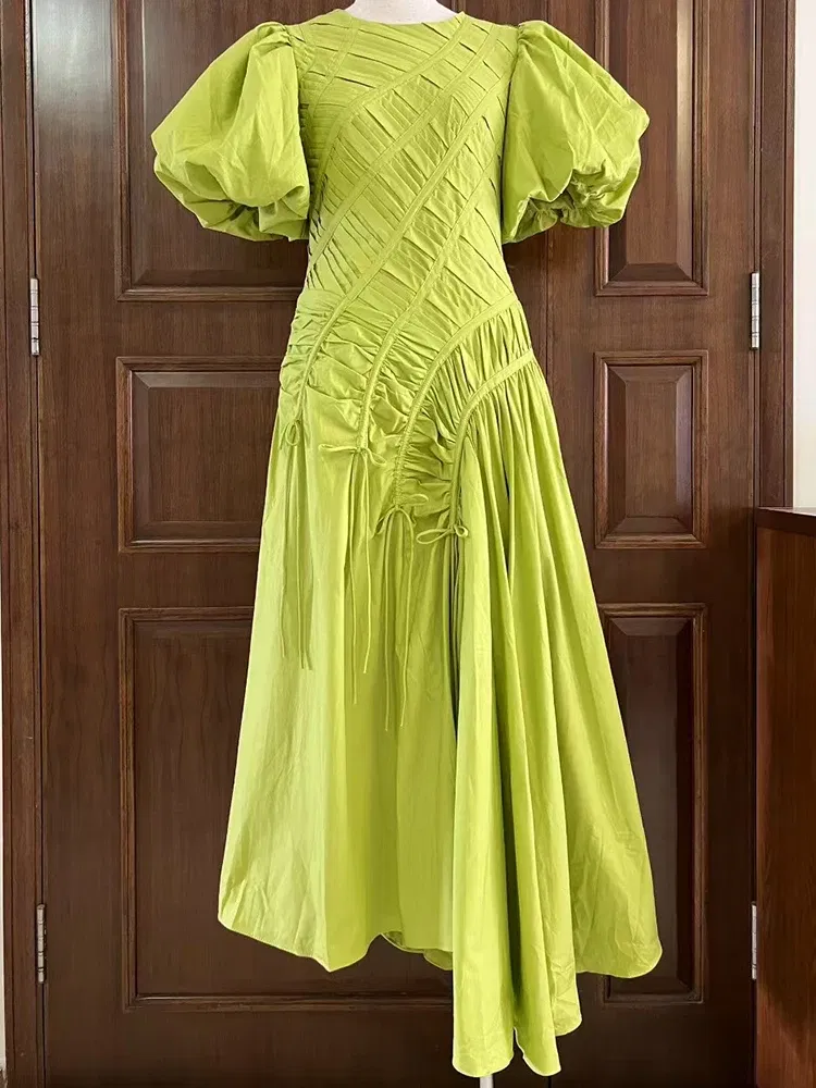 Color: WHITE, Size: S - 2025 summer women's new round neck lantern short sleeve irregular stitching drawstring dress slim dinner temperament long dress