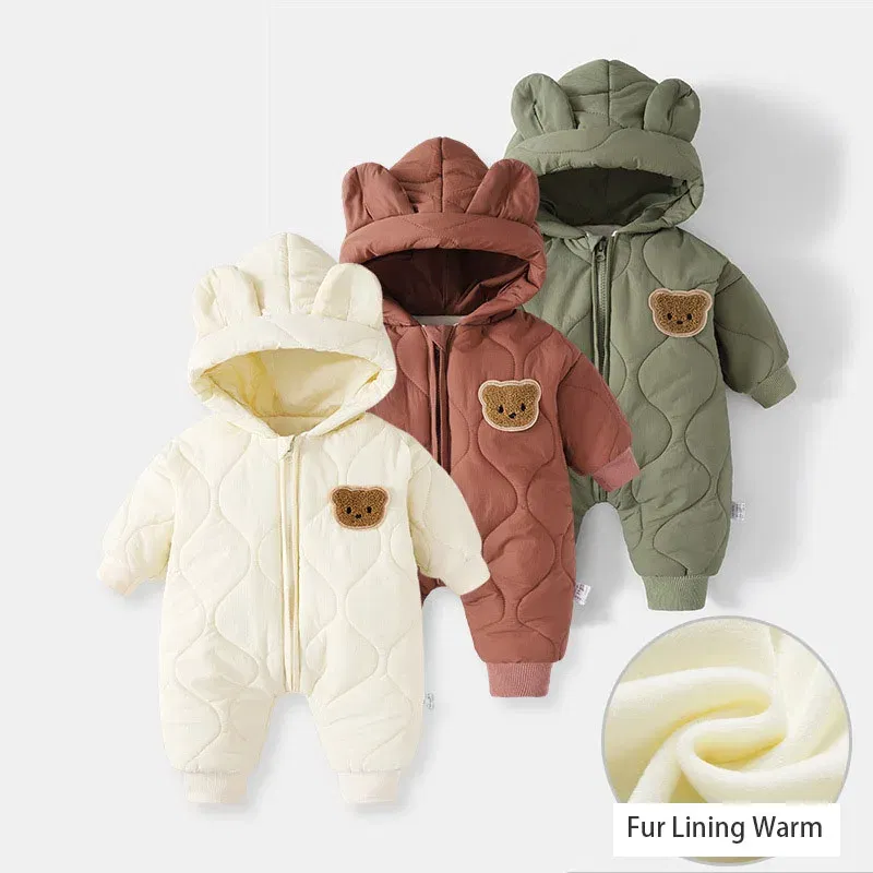 Color: Beige, Ships From: CHINA, Kid Size: 12M - ?»? Winter Baby Outwear Clothing Fur Lining Warm Toddler Girl's Boy's Rompers Cartoon Bear Infant Jumpsuit