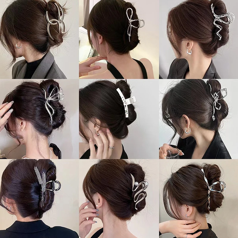 Color: Silver - Korean Style Fashion Cool Metal Hair Claws Temperament Personality Shark Clips For Women Simple Headwear Hair Accessories