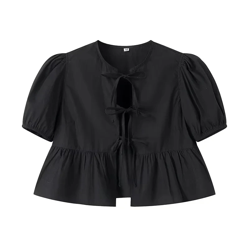 Color: black, Size: M - HXAO Woman 2024 Blouse Puff Sleeve Cropped White Blouse For Women Pleated Cut Out Black Blouse With Tied Leopard Print Top