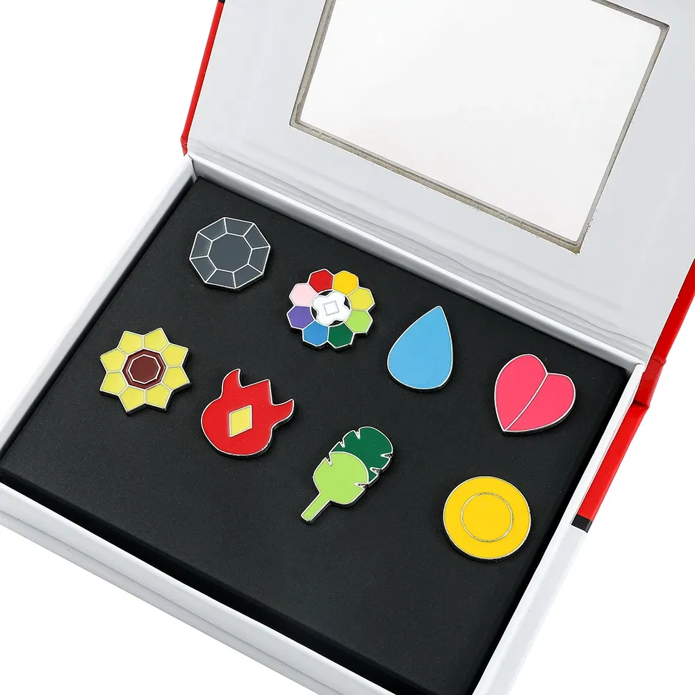 Metal color: Gold-color - Pokemon Gym Badges Kanto Johto Hoenn Sinnoh Unova Kalos League Region Orange Islands Pins Brooches Box Set Pocket Monster