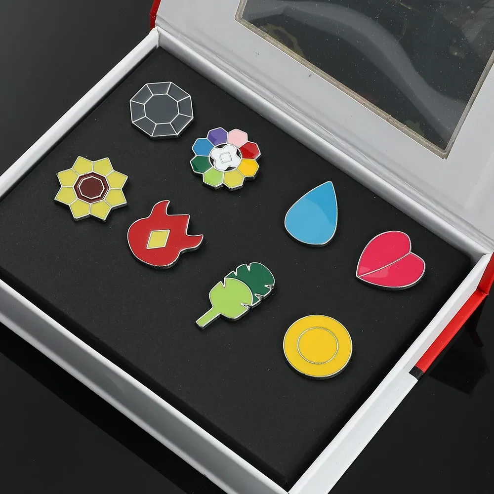 Metal color: Gold-color - Pokemon Gym Badges Kanto Johto Hoenn Sinnoh Unova Kalos League Region Orange Islands Pins Brooches Box Set Pocket Monster