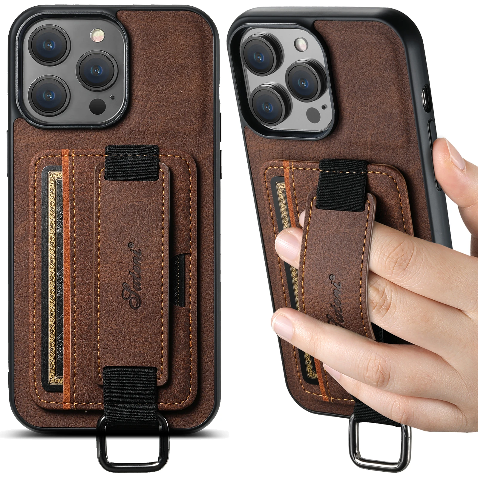 Color: black, Material: PE - SUTENI Lychee skin print wrist strap card phone case Card holder for iPhone 16 ProMax 15 Plus 14 13 12 11 XR XS Black/blue/brown