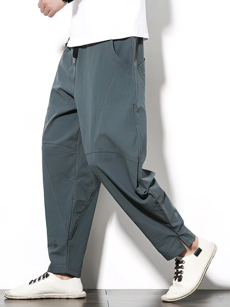 Color: dark blue, Size: XL - 100% Cotton Linen Pants Men Baggy Casual Trousers Male Walking Wide leg Loose Sweatpants Chinese Summer Jogger Pants 2025 New