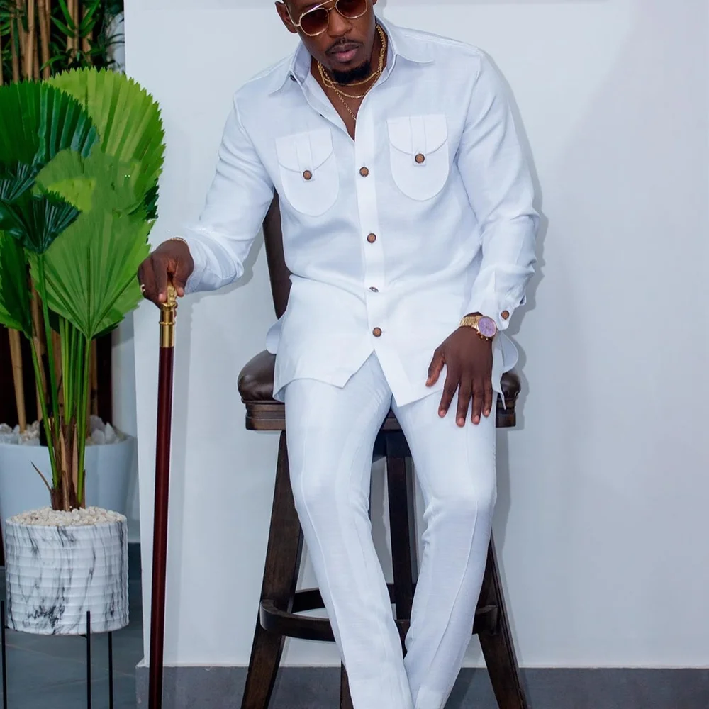Color: Silver, Size: L - 2025 New men's suit, white pocket, 2-piece set, luxury wedding casual suit, traditional African style of ethnic minorities