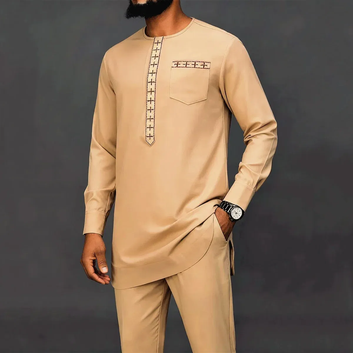 Color: Silver, Size: L - 2025 New men's suit, white pocket, 2-piece set, luxury wedding casual suit, traditional African style of ethnic minorities