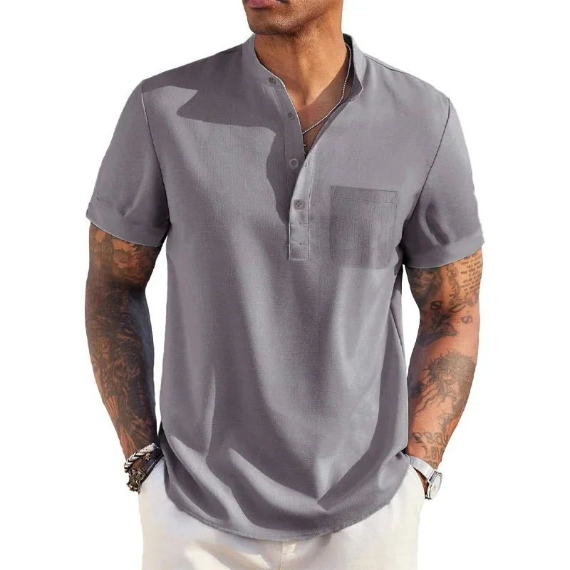 Color: Navy Blue, Size: M - Summer Men's Cotton Linen T-Shirt Henley Neck Pocket Casual Lightweight Breathable Beach Shirt Solid Color Basic Style Tops