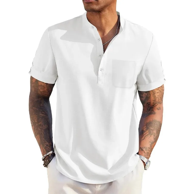Color: Navy Blue, Size: M - Summer Men's Cotton Linen T-Shirt Henley Neck Pocket Casual Lightweight Breathable Beach Shirt Solid Color Basic Style Tops