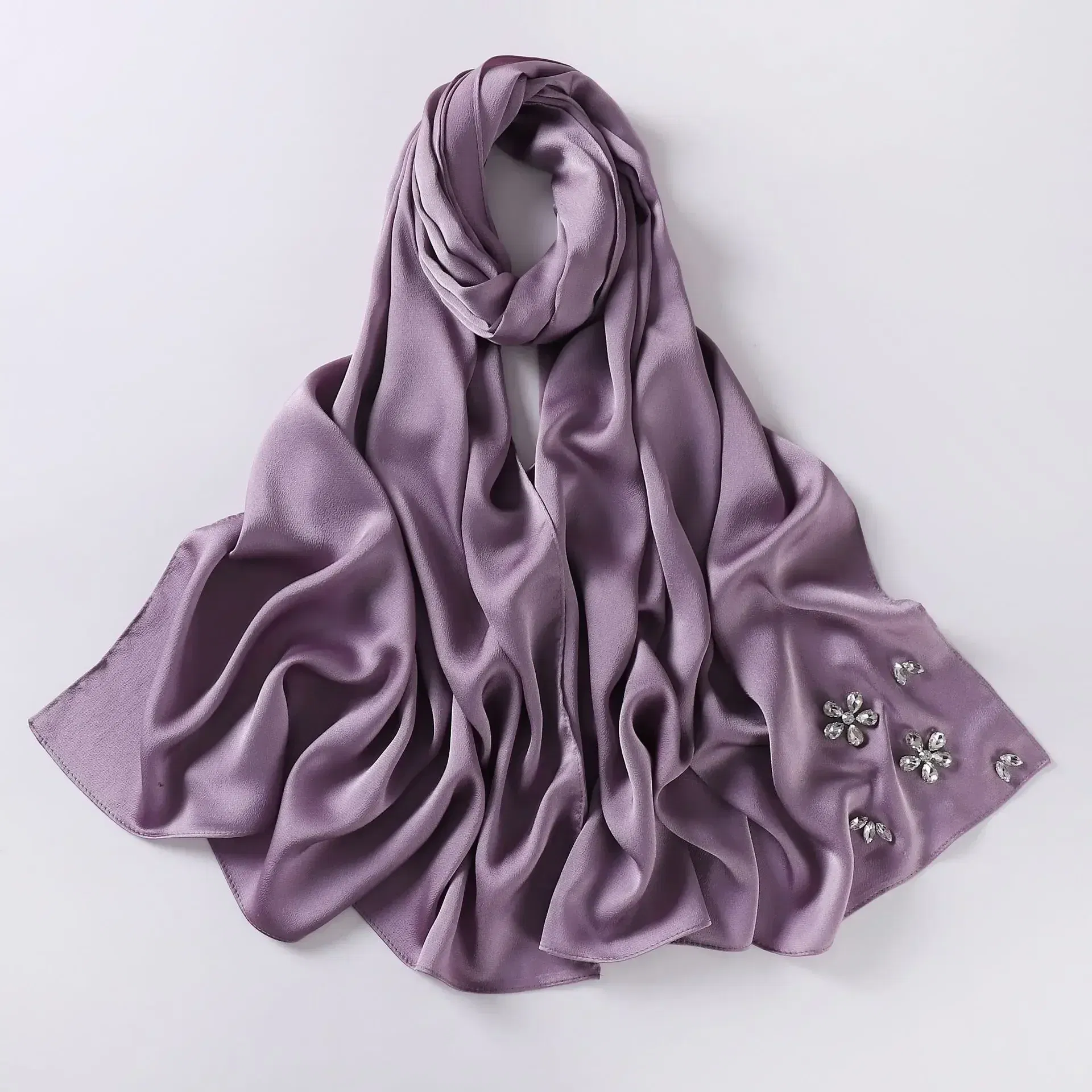 Color: red brown - New Designers Diamonds Satin Hijab Chiffon Scarf Women Luxury Silk Scarves Woman Turban Silk Scarfs for Women Bandana Headband