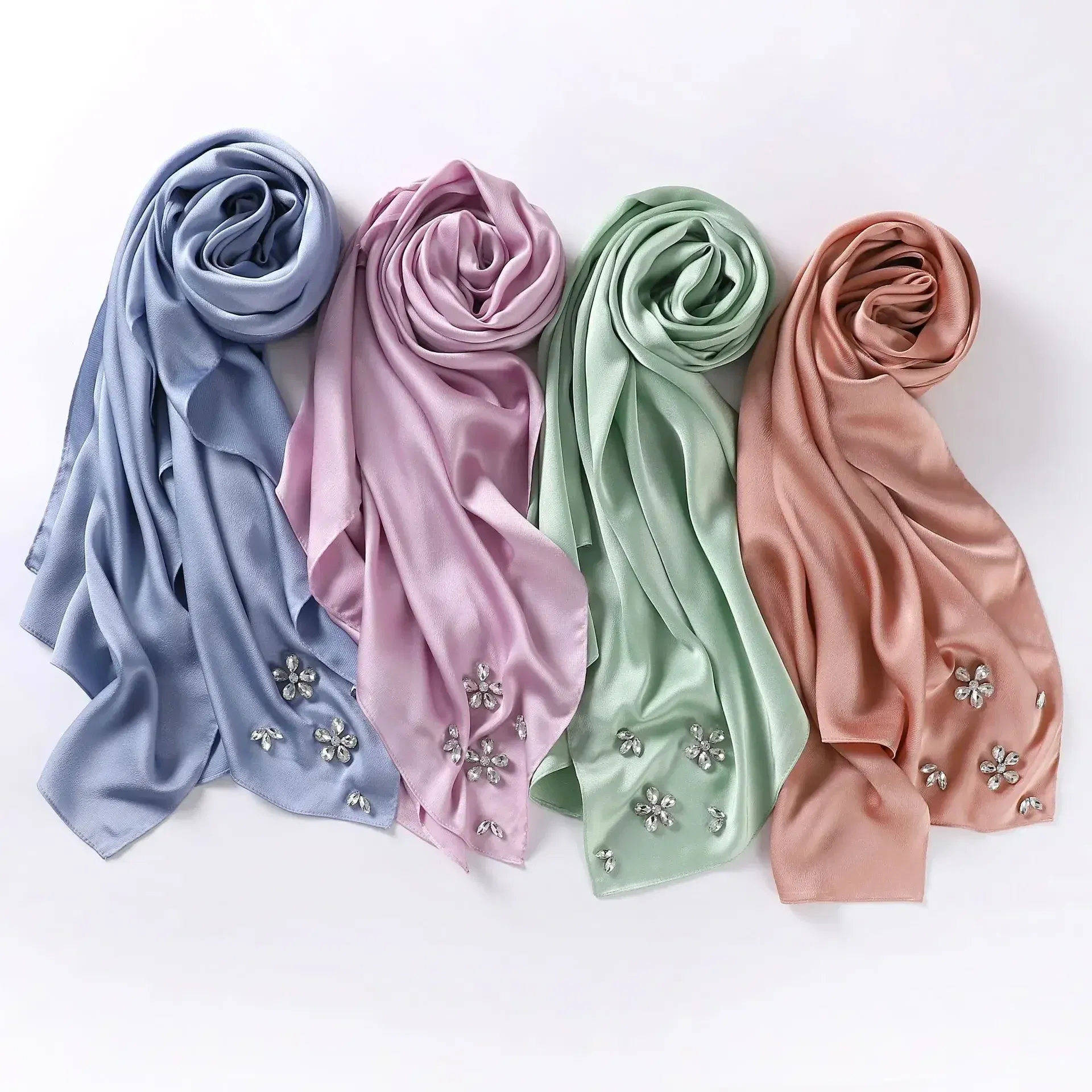 Color: red brown - New Designers Diamonds Satin Hijab Chiffon Scarf Women Luxury Silk Scarves Woman Turban Silk Scarfs for Women Bandana Headband