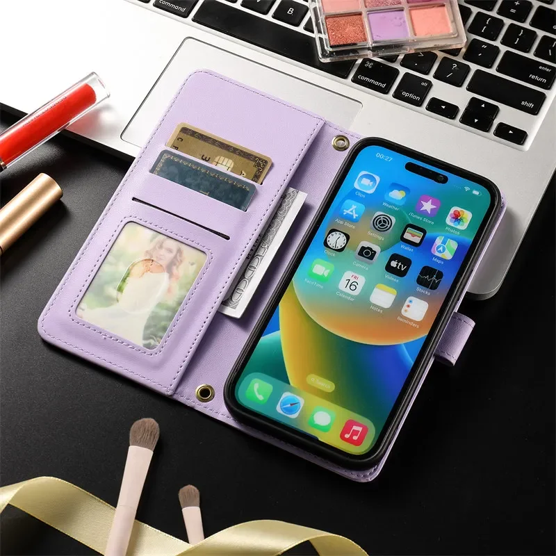 Material: ABS, Color: light green - Long lanyard Flip Leather Phone Case for Samsung Galaxy S24 Ultra S23 FE S22 S21 S20 S10 Plus Wallet Card Cover Coque
