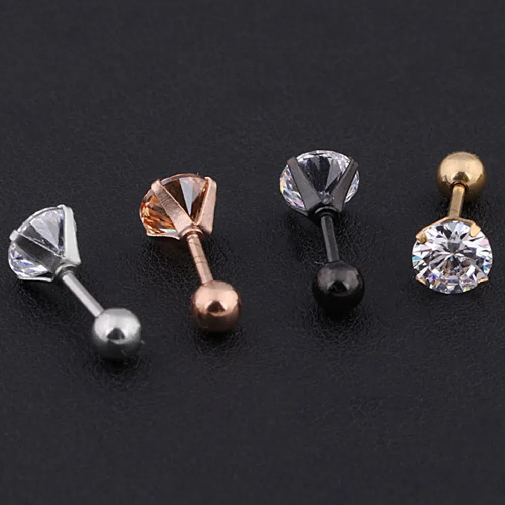 Metal Color: Imitation Rhodium Plated, Main Stone Color: WHITE - 1Pc Small Round Cz Tragus Cartilage Titanium Steel 16G 4 Prong Ear Stud Earrings Tragus Helix Piercing Jewelry Sexy Body Jewelry