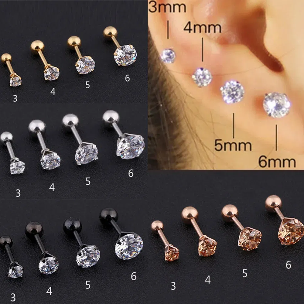 Metal Color: Imitation Rhodium Plated, Main Stone Color: WHITE - 1Pc Small Round Cz Tragus Cartilage Titanium Steel 16G 4 Prong Ear Stud Earrings Tragus Helix Piercing Jewelry Sexy Body Jewelry